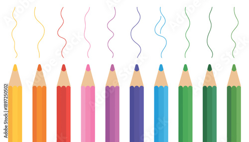 Colored pencils vector in flat design, rainbow wooden pencils for school, kids stationery and art supplies.