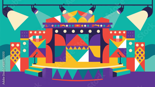 Illustration Of A Modern Cultural Performance Stage Without Performers, Lights And Traditional Ornaments With Repeating Geometric Shapes Vector Design Template