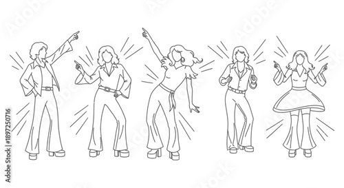 line art illustration of five energetic disco dancers in iconic retro 70s fashion grooving for vintage party music themes.