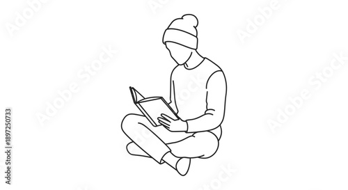 person reading a book wearing a beanie sitting cross-legged with quiet focus a minimalist line art illustration for learning leisure and calm.