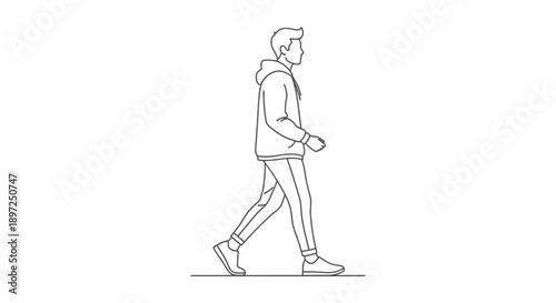 young man walking in casual hoodie and sweatpants minimalist line art illustration representing modern active lifestyle movement.
