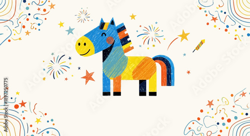 a cheerful colorful cartoon horse illustration with crayon texture surrounded by festive fireworks and confetti perfect for kids party designs.