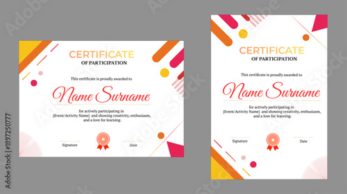 Bold red and pink geometric Certificate of Participation with star ribbon, celebrating creativity and enthusiasm