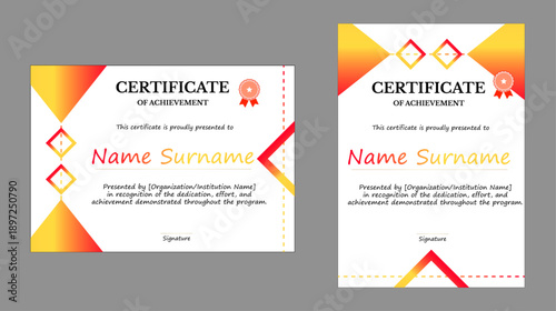 Vibrant red, yellow, and orange geometric Certificate of Achievement with ribbon icon, honoring dedication and success