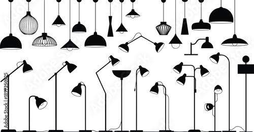 Modern Interior Lighting Silhouette Icon Set Featuring Pendant Lamps, Desk Lights, Floor Lamps, and Ceiling Fixtures for Home Decor and Architecture Design