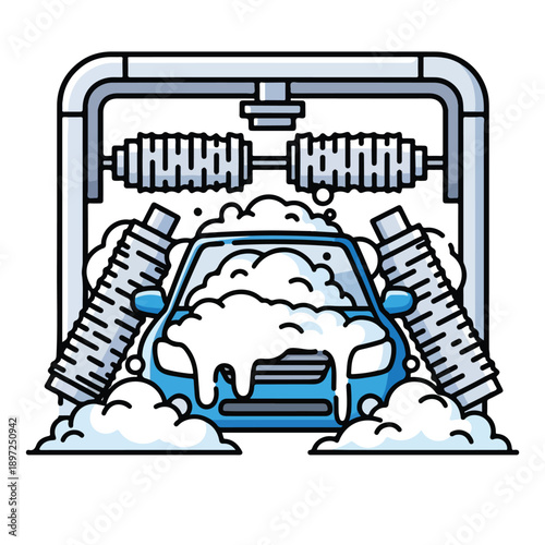 A blue car undergoing a thorough car wash process with high-pressure water jets and soap suds in a modern automated tunnel