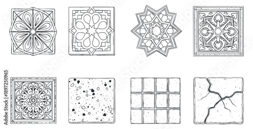 A collection of eight seamless patterns featuring floral, swirl, dot, moon, and leopard designs in black and white monochrome vector style, perfect for textiles and wallpapers