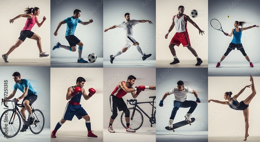 Fototapeta premium Collage deportivo sobre fútbol, fútbol americano, baloncesto, tenis, boxeo, hockey sobre hielo y sobre césped, tenis de mesa.