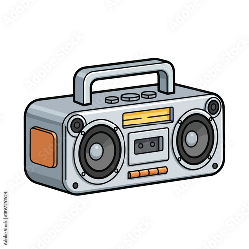 A gray and orange boombox with speakers and cassette player on a white background vector illustration