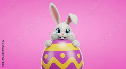 White easter bunny peeking out from behind a large decorated egg on pink background