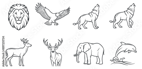 A collection of six skyscraper buildings in outline vector style, suitable for urban design and architecture projects