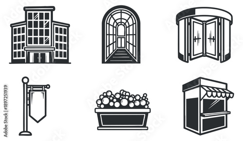 A collection of transportation icons including a bicycle, bus, train, scooter, and car in minimalist outline vector style, ideal for urban mobility projects