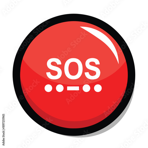 A red button with SOS text on a plain background viewed from directly above