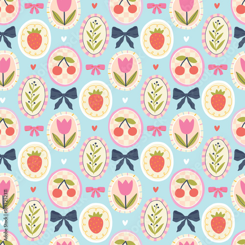 Strawberry and cherry seamless pattern on blue background. Kawaii vector wallpaper for cute packaging, fabric and textile. Stylish flirty silly cartoon style with berry cameos and pink bows.