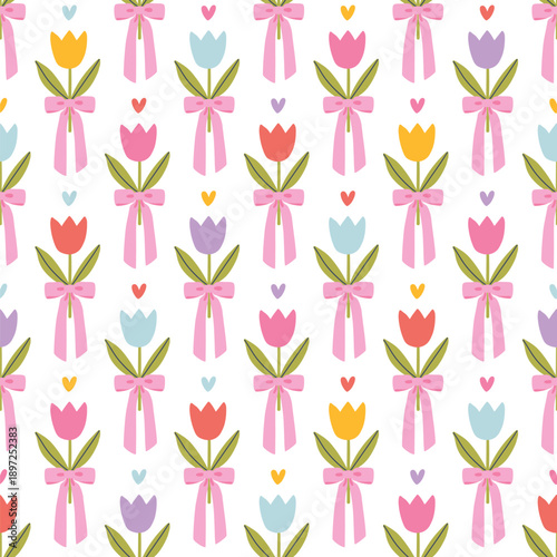 Tulip seamless pattern with colorful flowers, bows and hearts. Kawaii vector background for spring textile, packaging and stationery. Cute flirty silly cartoon style for stylish kids design.