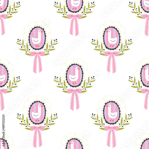 Goose seamless pattern with vintage wreaths and pink bows. Cute vector background in kawaii flirty style for nursery textile fabric and stationery. Childish doodle wallpaper design.