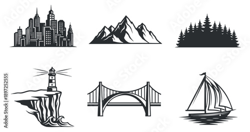 A collection of hand-drawn rock illustrations in black and white outline style, suitable for nature-themed designs and backgrounds