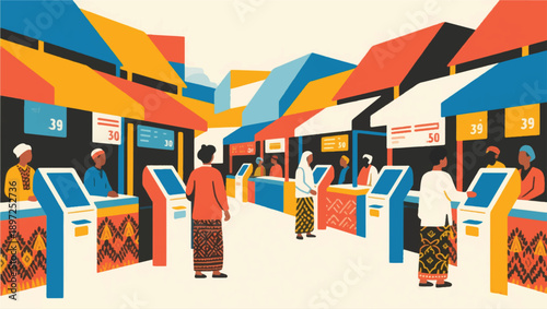 Illustration Of A Traditional Market With Digital Kiosks, Traders Wearing Simple Batik Cloth Vector Design Template