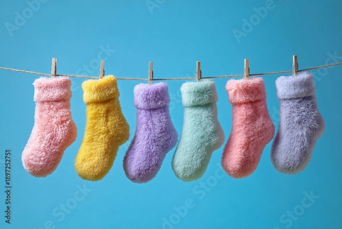Colorful baby socks hanging on a line capturing warmth innocence childhood joy and playful pastel charm