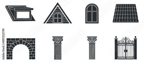 A collection of decorative bunting flags in black and white minimalist vector style, ideal for party and event decorations