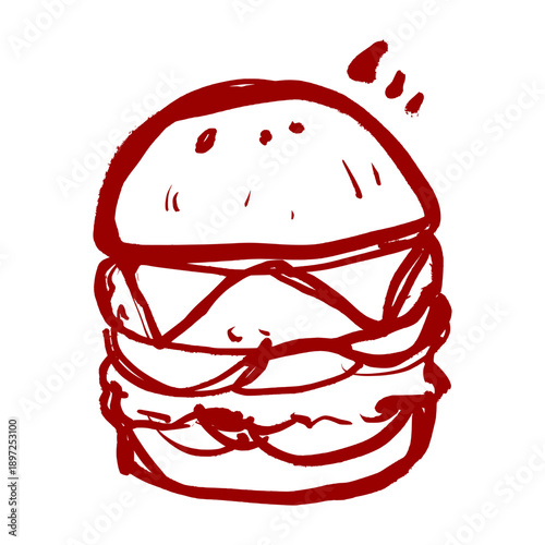 Big burger scribble illustration in red and black. Artistic hand drawn fast food logo with messy brush strokes for urban street art style and trendy cafe branding.