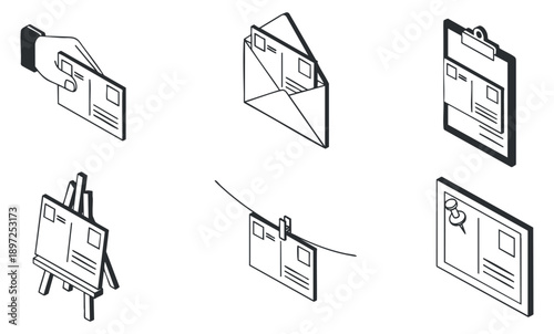 A collection of six outlined icons including lightning cloud, crown, diamond, key, rocket, and heart in minimalist vector style, perfect for digital design projects