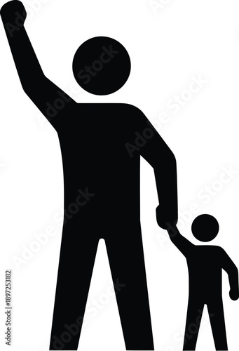 Father raising arm while holding child's hand silhouette illustration for family support and protest