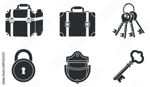 A collection of security icons featuring a safe, cloud storage, and data protection symbols in minimalist black outline style, ideal for technology and cybersecurity applications