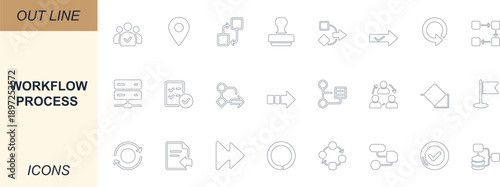 Solid vector workflow process line icon set with task, step, flow, chart, cycle, loop, decision, file, and data symbols. perfect for UI, apps, business, and project branding.