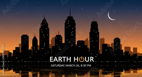 Earth hour city skyline at sunset with crescent moon and stars silhouette of buildings