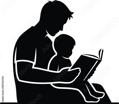 Father and baby silhouette vector illustration of a man reading a book to his child