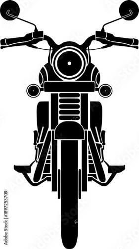 Monochrome retro motorbike silhouette illustration, old school road bike side profile, detailed mechanical parts, flat vector design