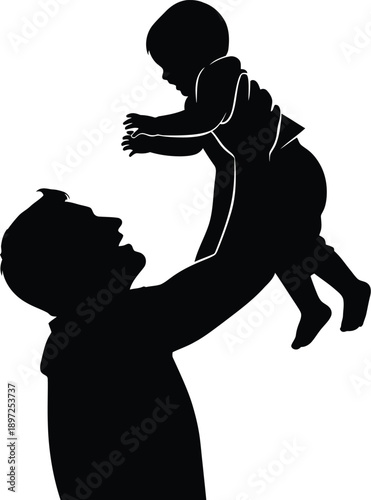 Father and baby silhouette vector illustration of a man lifting his child happily into the air