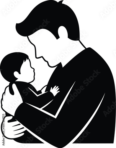 Father holding baby silhouette, tender dad and infant love, parental care illustration