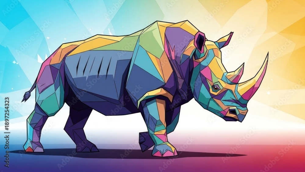 Obraz premium A colorful, geometric rhinoceros illustration with a geometric background.