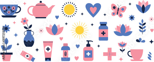 Self Care and Wellness Vector Icon Set Featuring Skincare Products, Herbal Tea, Sun, Flowers, and Medical Symbols for Beauty and Health Branding