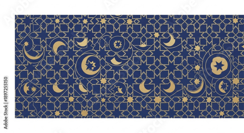 Intricate islamic geometric pattern with gold crescent moons and stars on dark blue background