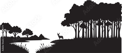 Serene forest landscape with deer and trees silhouette scene