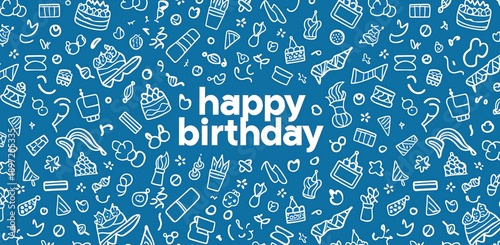 Blue Background with White Birthday Icons and Happy Birthday Text for Party Invitations and Decorations