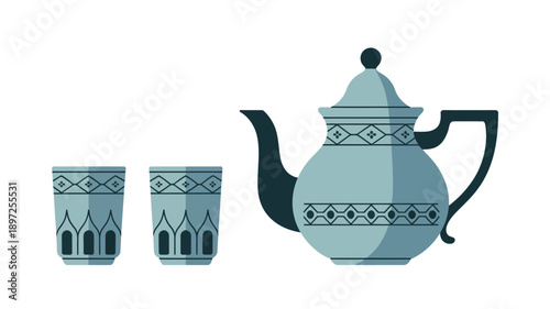 Teal Teapot and Cups with Ornate Designs.