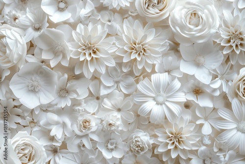 Beautiful arrangement of various white paper flowers creating an elegant and textured backdrop