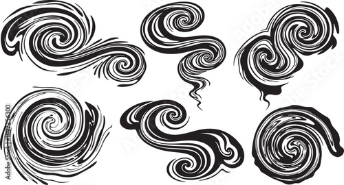 Black and white swirling abstract shapes and designs collection