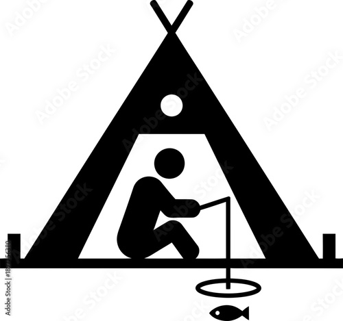 Man ice fishing inside a tent symbol. Winter recreation and outdoor leisure activity. Minimalist graphic vector icon for signage or map