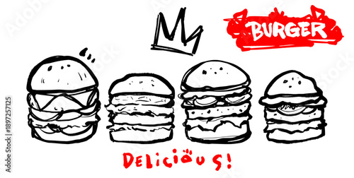 Set of four hand drawn burger sketches with "Delicious" text. Minimalist black and red doodle vector of various hamburgers and cheeseburgers for menu design and fast food icons.