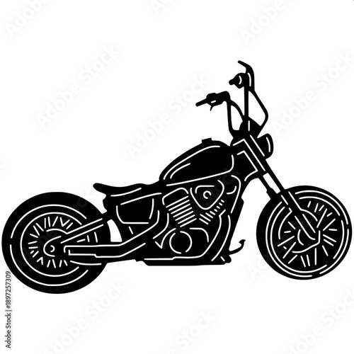 Simple black solid silhouette classic motorcycle, vintage fuel tank shape, wire spoke wheels, minimal vector artwork