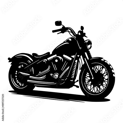 Simple black solid silhouette classic motorcycle, vintage fuel tank shape, wire spoke wheels, minimal vector artwork