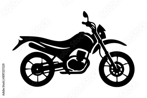 Simple black solid silhouette classic motorcycle, vintage fuel tank shape, wire spoke wheels, minimal vector artwork