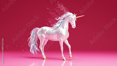 Majestic white unicorn rearing up on hind legs against a clean pink studio background.
