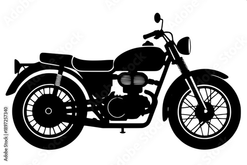 Simple black solid silhouette classic motorcycle, vintage fuel tank shape, wire spoke wheels, minimal vector artwork