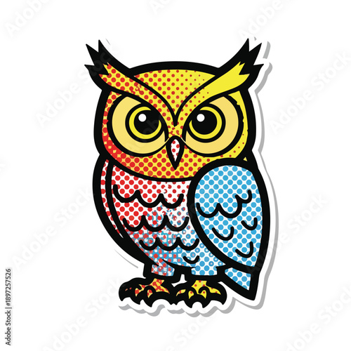 Whimsical cartoon owl with comic book halftone dot pattern, bright colors, isolated on white
